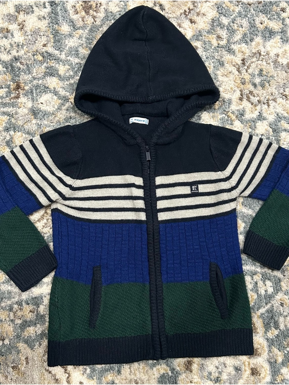 Mayoral Navy, Blue, Green & Cream Hooded Zip Sweater